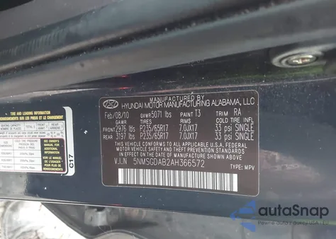 2010 Hyundai Santa Fe Gls z USA, uszkodzony, nr VIN 5NMSGDAB2AH366572